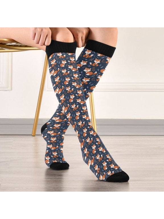 Hand Painted Sleeping Foxes Leaves Compression Stockings Knee High Socks Unisex 1 Pair