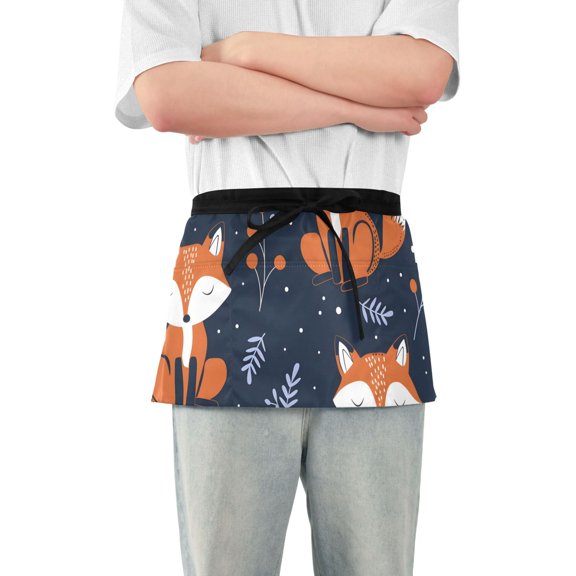 Hand Painted Sleeping Foxes Leaves Short Server Apron with 3 Pockets for Unisex Chef Gardening