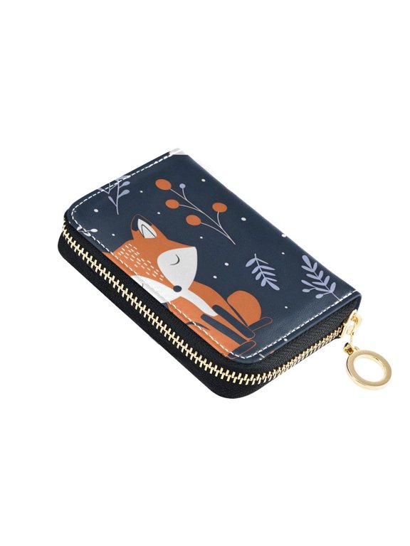Hand Painted Sleeping Foxes Leaves Women's Credit Card Holder PU Leather Zipper Wallet RFID Blocking