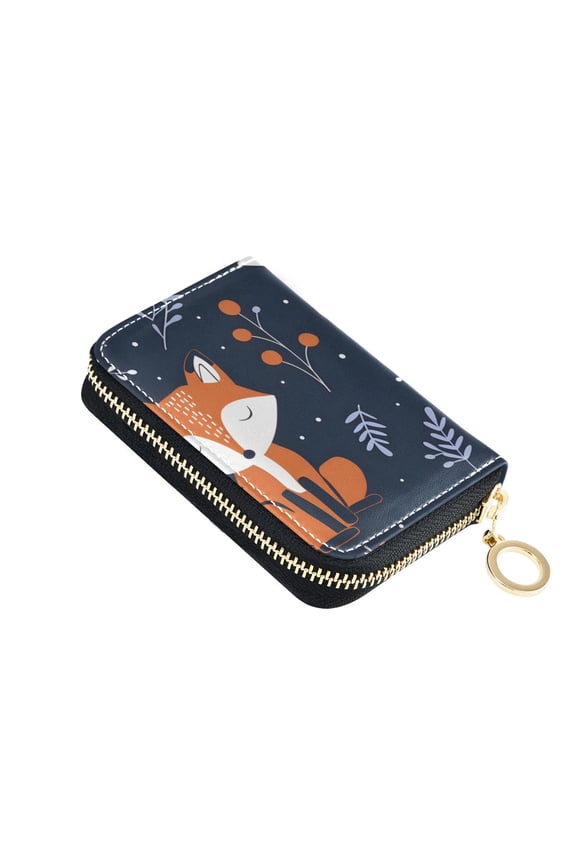 Hand Painted Sleeping Foxes Leaves Women's Credit Card Holder PU Leather Zipper Wallet RFID Blocking