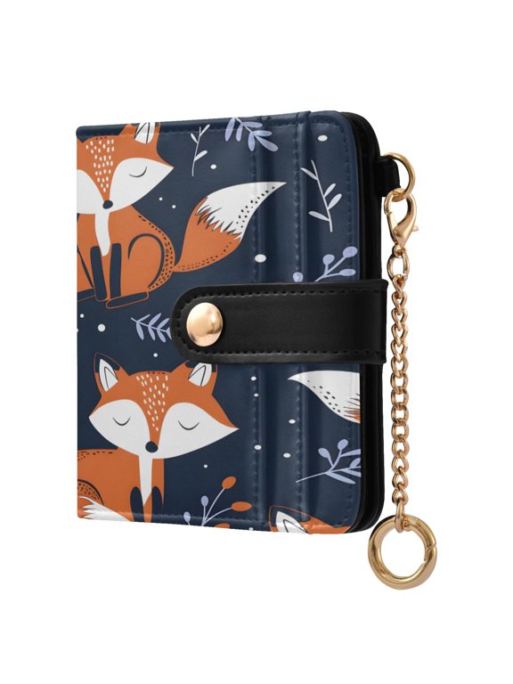 Hand Painted Sleeping Foxes Leaves Women's Wallet PU Leather Card Cases RFID Blocking Purse Billfold with Key Ring