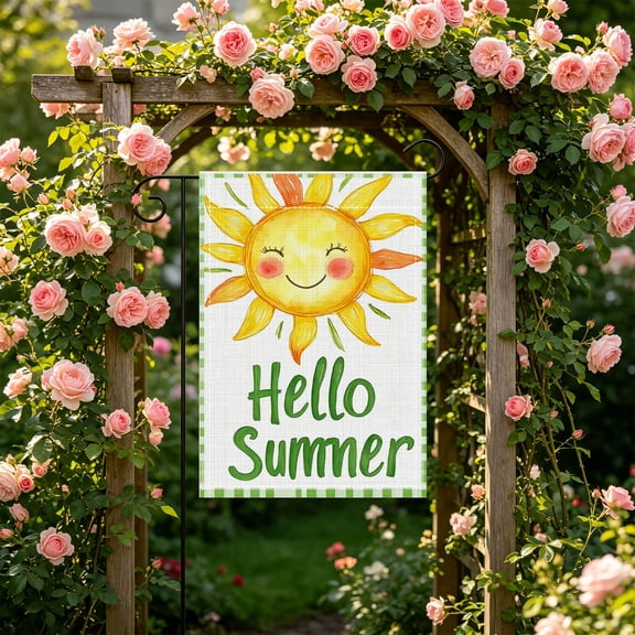 Hand Painted Smiling Sun Hello Summer Double Sided 2D Garden Flag, 12x18 Inch, Patio Summer Party Supply Gift, No Flagpole
