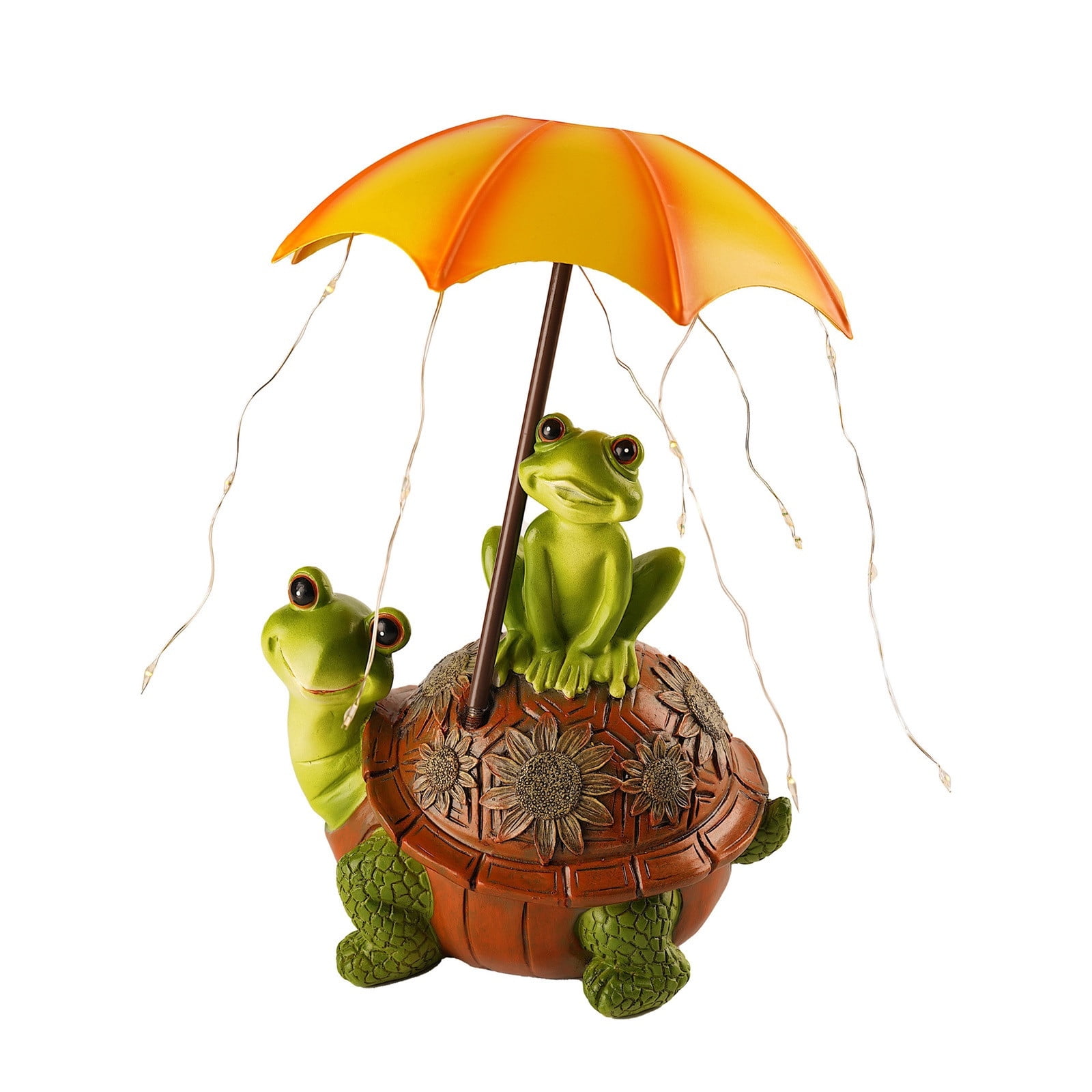 Hand-Painted Solar Garden Statue, Frogs Standing on Turtle Holding Umbrella with String Lights, Waterproof Outdoor Patio and Yard Art Decoration