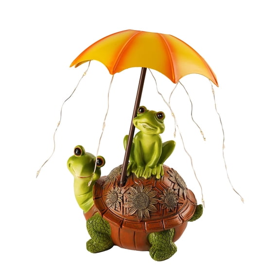 Hand-Painted Solar Garden Statue, Frogs Standing on Turtle Holding Umbrella with String Lights, Waterproof Outdoor Patio and Yard Art Decoration