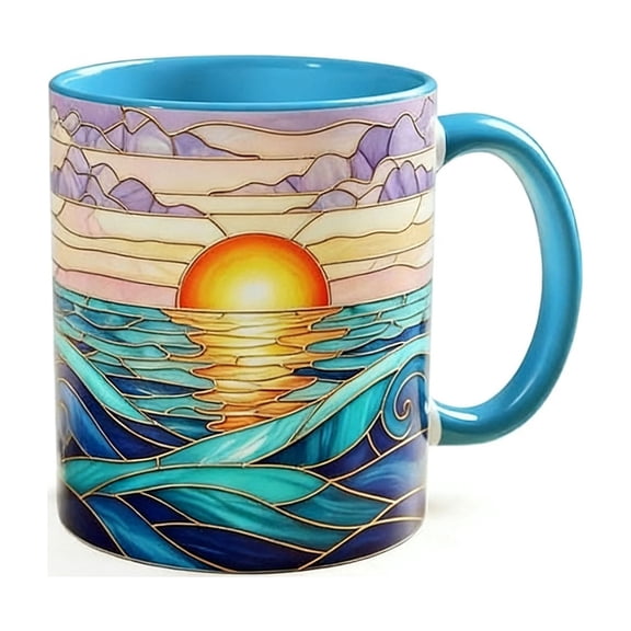 Hand Painted Stained Glass Sunset Mountain Landscape Design Ceramic Coffee Mug Tea Cup 11Oz