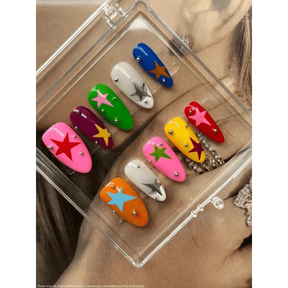 Hand-Painted Star Press-On Nails Set - Follow Your Heart Dopamine Colors