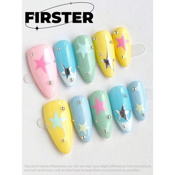 Hand-Painted Star Press-On Nails Set - Multicolor Pastel With Metallic
