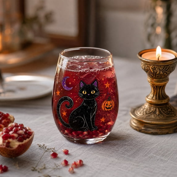 Hand Painted Stemless Wine Glass, Seasonal Pattern Clear Tumbler, Decorative Glass Drinkware for Home Daily Use and Holiday Party Table Styling