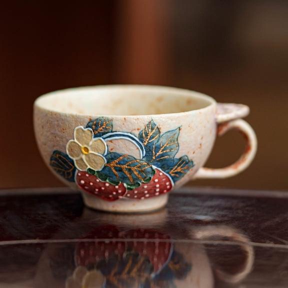Hand-Painted Strawberry Ceramic Tea/Coffee Cup - Whimsical Fire-Stone Red Finish (60ml)