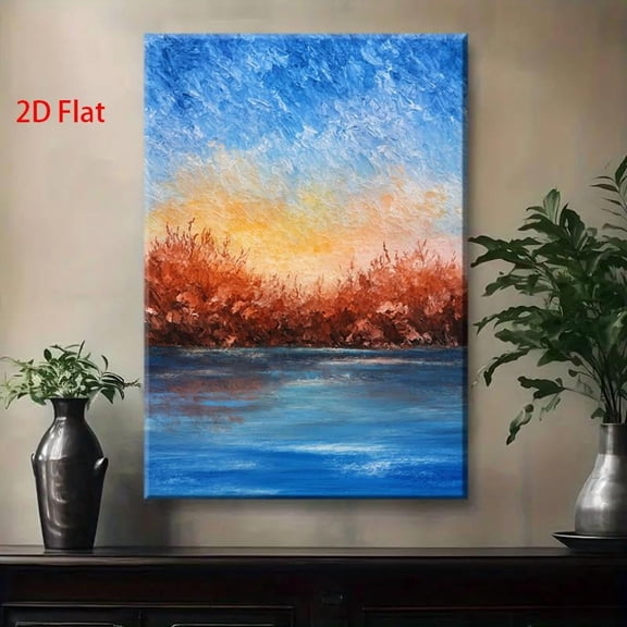 Hand-Painted Style Oil Painting on Wood Frame - Sunset Lakeside Landscape Wall Art with Blue & Golden Lake, Red-Orange Trees & White Boat - Wrapped Canvas Nature Scene for Living Room