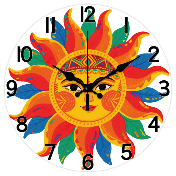 Hand Painted Style Sun Pattern Wall Clock Ethnic Sun Non-Ticking Clock 12 Inch Round Decorative Clocks Printed Wall Clocks for Home Office Decoration
