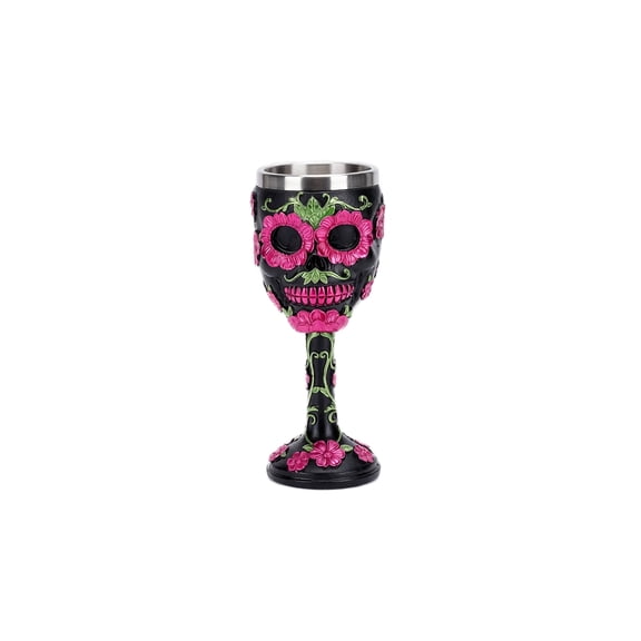 Hand-Painted Sugar Skull Chalice Goblet, Day of the Dead Themed Wine Glass, Black Pink Floral Gothic Cup with Stainless Steel Liner for Halloween & Mexican Celebrations