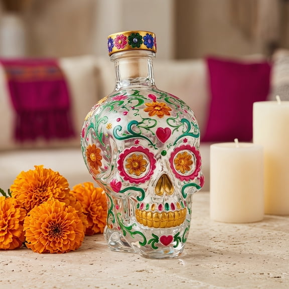 Hand-Painted Sugar Skull Decanter | Day of the Dead Mexican Folk Art Liquor Bottle for Tequila, Whiskey & Spirits