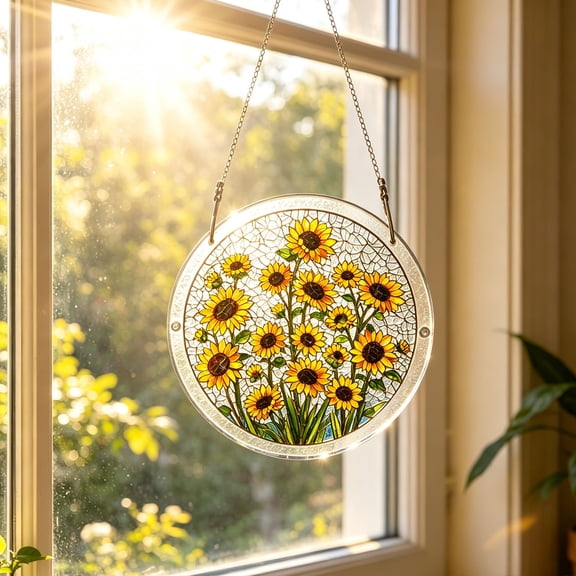 Hand Painted Sunflower Acrylic Suncatcher- Window Hanging Decor for Home, Birthday Gift (7.5 x 7.5 x 0.4 in)