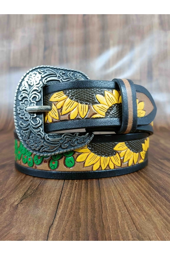 Hand-Painted Sunflower Design Tooled Western Belt