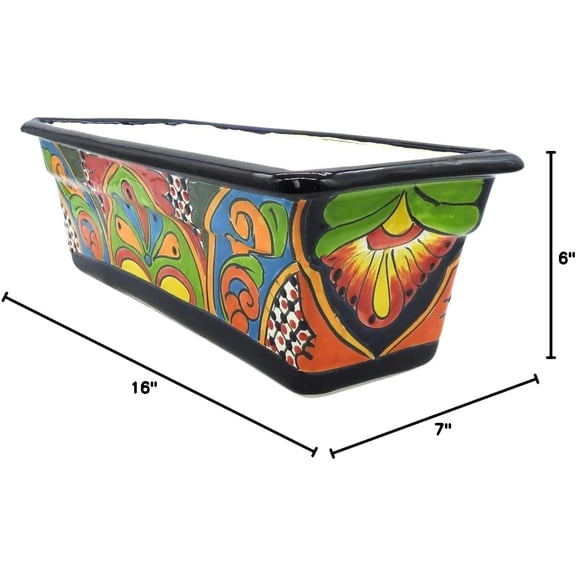 Hand Painted Talavera Ceramic Window Box Planter with Drainage Hole for Indoor Outdoor Garden Decor