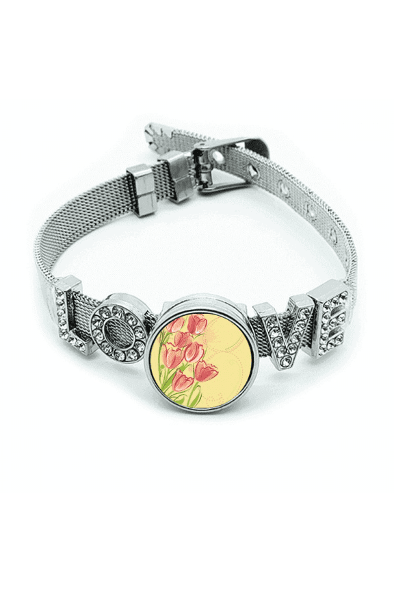 Hand Painted Tulip Flower  Illustration Bracelet Wristband Crystal Love Adjustable Bangle