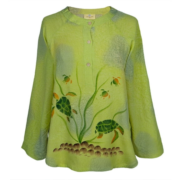 Hand-Painted Turtle Light Green Women's Blouse - Medium