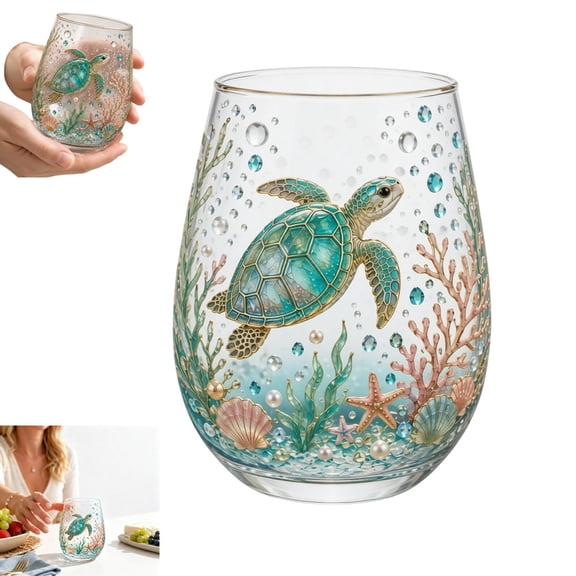 Hand Painted Sea Turtle Stemless Wine Glass, Ocean Coral Shell Pearl Underwater Pattern Clear Glass Cup, Multi-Purpose Nature Art Tumbler for Wine Coffee Tea Home Bar Party Gift for Women