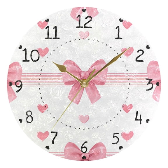 Hand Painted Valentine Heart Bow Lines Round Wall Clock Silent Analog Battery Operated Gold Pointer Home Decor 9.84" Diameter