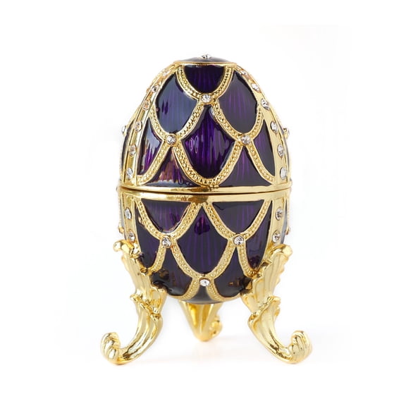 Hand- Painted Vintage Crochet Pattern Faberge Egg with Rich Enamel and Sparkling Rhinestones Jewelry Trinket Box (Purple)