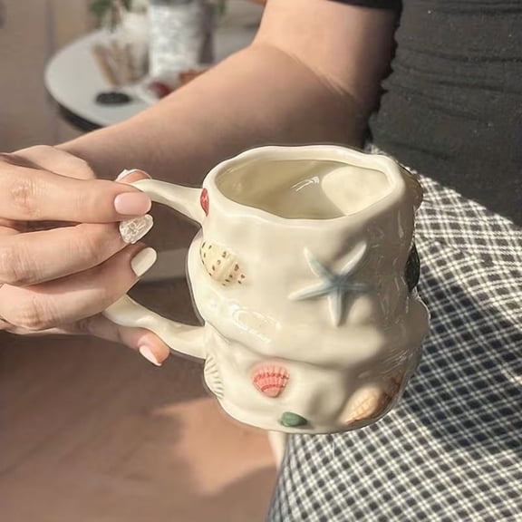 Hand-Painted Vintage Shell Pattern Ceramic Coffee Mug 300ml 10oz Unique Tea Cup for Matcha Latte Hot Beverages Compatible with Home Kitchen Decor