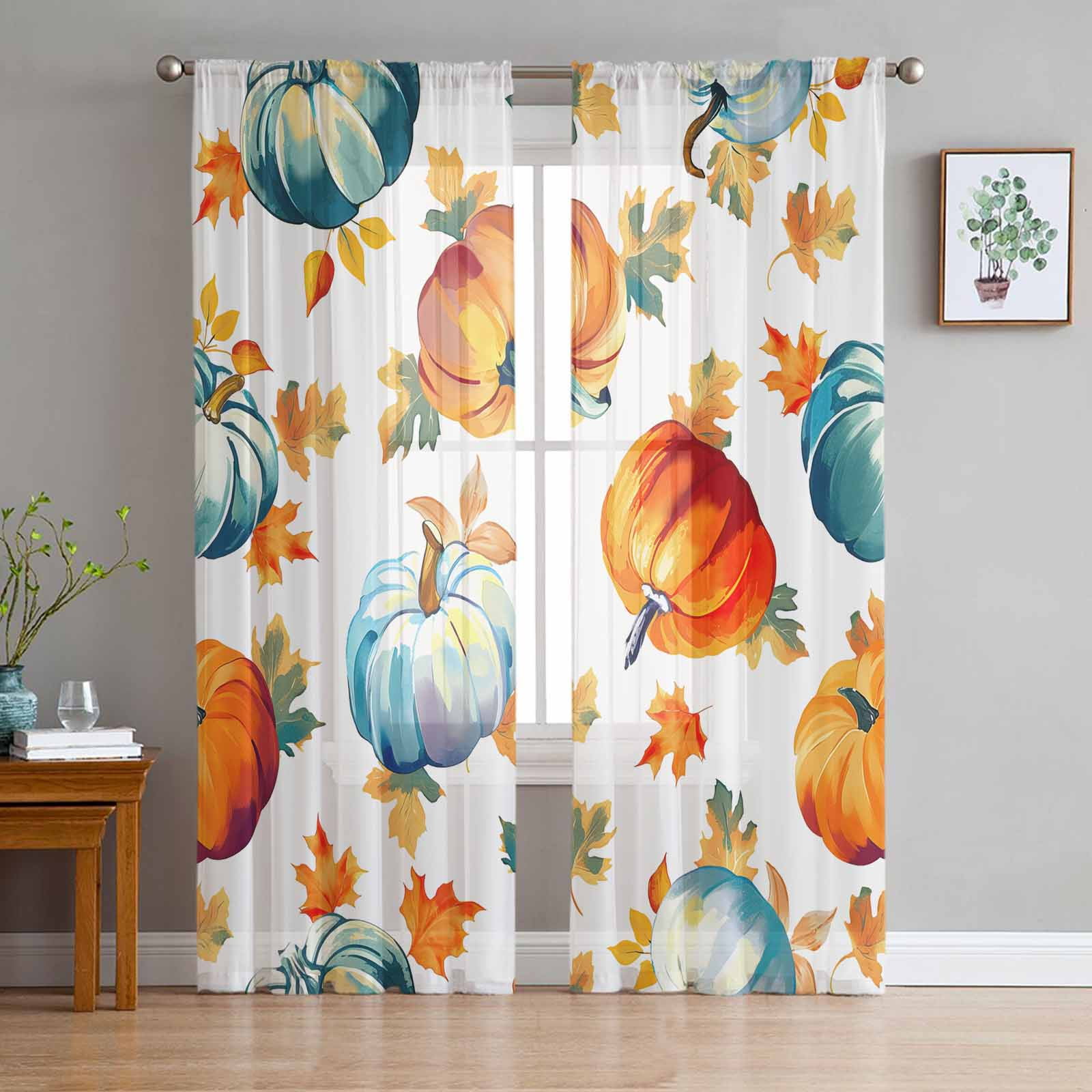 Hand-Painted Watercolor On Pumpkin Leaves Sheer Curtains for Living ...