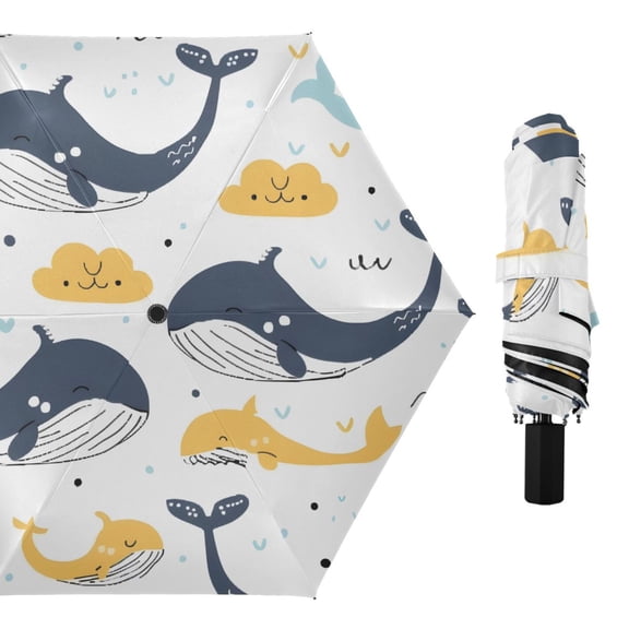 Hand Painted Whales Clouds Waves All Weather Umbrella Triple Folding Parasol 6 Ribs UV Protection Portable