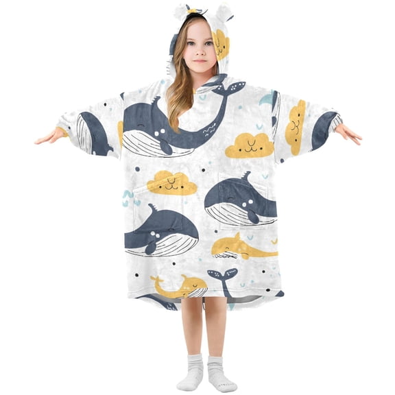 Hand Painted Whales Clouds Waves Flannel Wearable Blankets Hooded Design Long Sleeves Wrap Unisex for 3T-14Y S