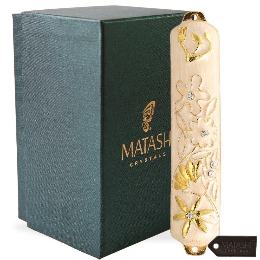 Hand Painted White Enamel Mezuzah Embellished with a Floral Design with Gold Accents and fine Crystals by Matashi
