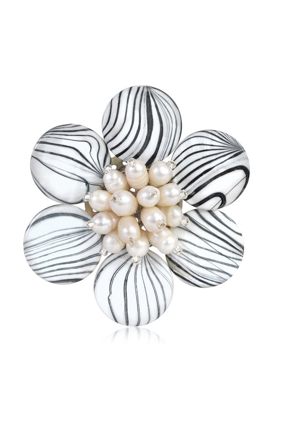 Hand Painted White Zebra Theme Mother of Pearl Floral Style Pin or Brooch
