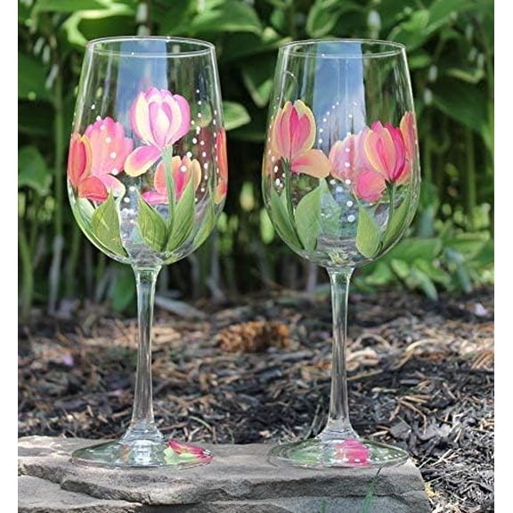 Hand Painted Wine Glasses - Tulips Variegated (Set of 2)$$Home Decor, Kitchen, & Other