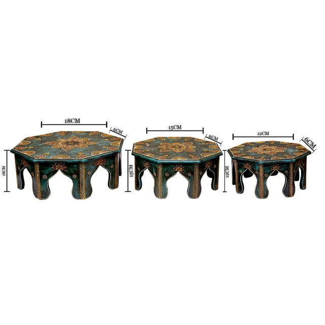 Hand-Painted Wooden Octagonal Chowki Set (Set of 3)