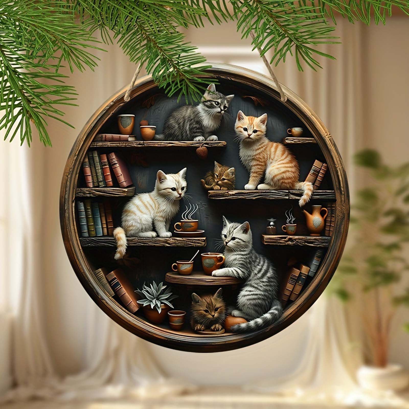 Hand Painted Wooden Wall Decor with Cats and Coffee Art, Cozy Home