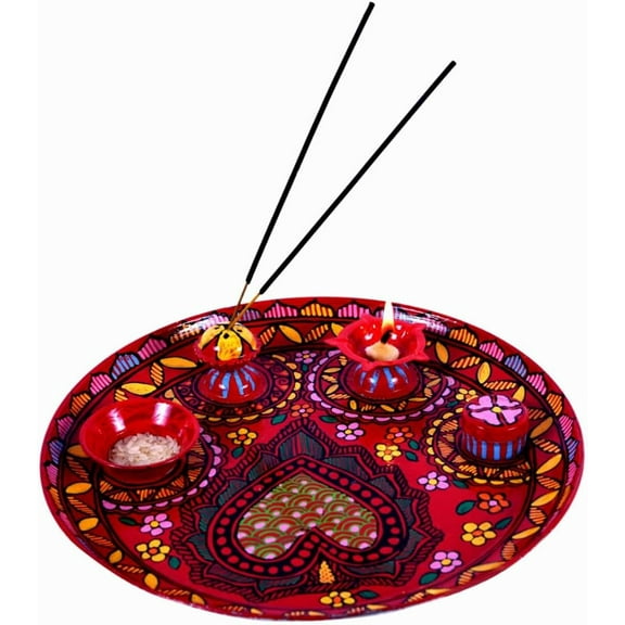 Hand Painted red Puja Thali With Diya: Arti Thali