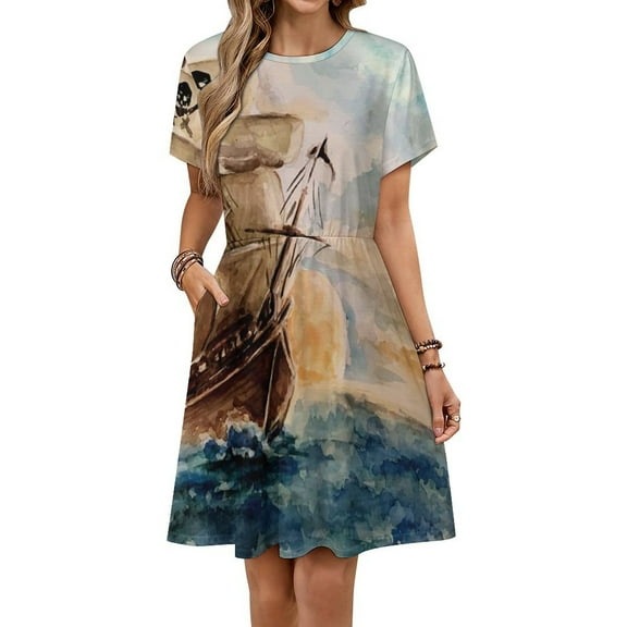 Hand Painting The Pirate Ship Dress Fashion Beach Short Sleeve Dresses Female Party Printed Sundress