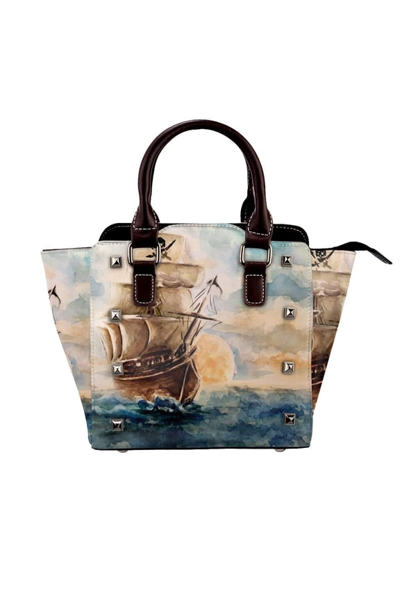 Hand Painting The Pirate Ship Rivet Fashion One-Shoulder Women's Handbag Tote Bag