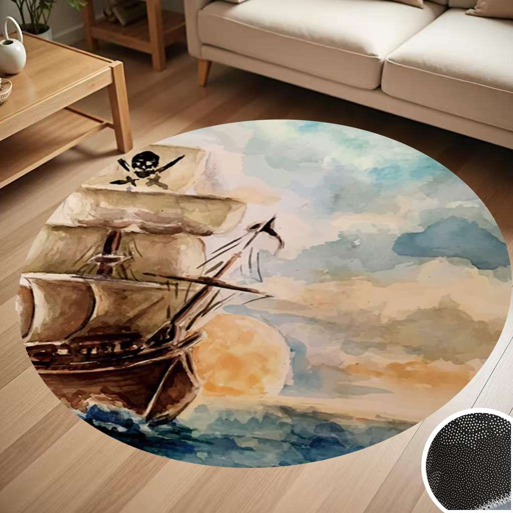 Pirate Rug Texture Hand Painting The Pirate Ship Round Carpet Living Room Bedroom Home ...