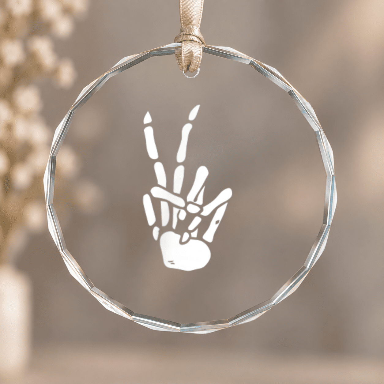 Hand Peace Sign Bones Ornament, Hanging Decor, Circle Glass Ornament ...