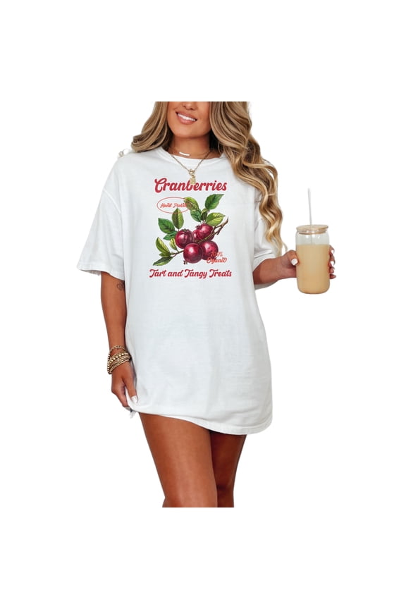 Hand Picked Cranberries T Shirt, 100 percent Organic Tart and Tangy Treats Tee, Graphic Cranberry Design Top, Nature Inspired Shirt, White Comfort Colors T-Shirt, Medium