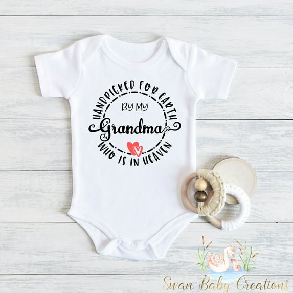 Hand Picked For Earth By My Grandma In Heaven Babyâ®, Newborn Clothes, Baby Boy, Baby Girl Bodysuit, Baby Gift ,Baby Gift, Memorial Cute And Cool Baby Bodysuit, Baby Bodysuit Lat 4424