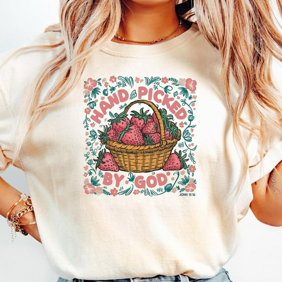 Hand-Picked By God Shirt, Faith Tshirt, Retro Jesus Shirt, Strawberry Tees, Cute Strawberry T-Shirts, Berries Retro Tees, Christian Shirts Unisex S-5Xl Hot Trending Shirt, Vintage Birthday Gift