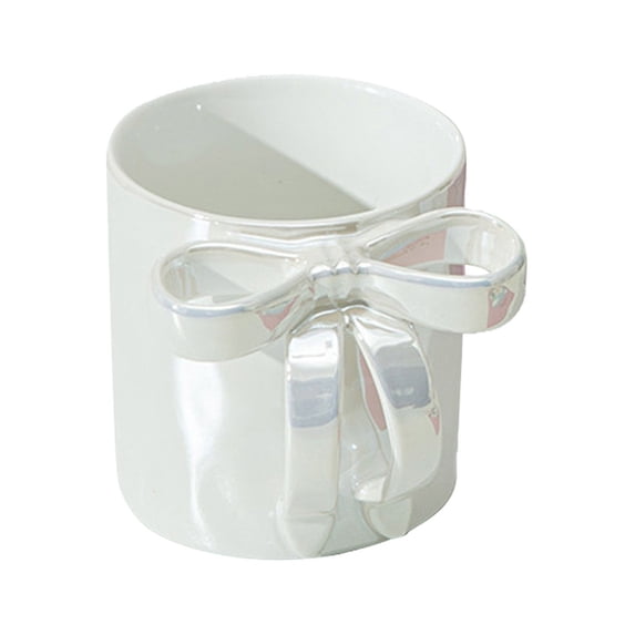 Hand-Pinched Ribbon Ceramic Coffee Mug - Elegant Bow Handle, 12oz Capacity Chip-Resistant Glaze, Dishwasher Safe Cute and Modern Design for Tea and Hot Cocoa, Gift-Ready, White A