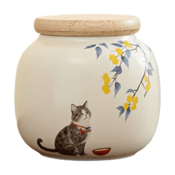 Hand Pinished Round Ceramic Tea Canister Jar With Lid And Yellow Blossoms For Kitchen Storage