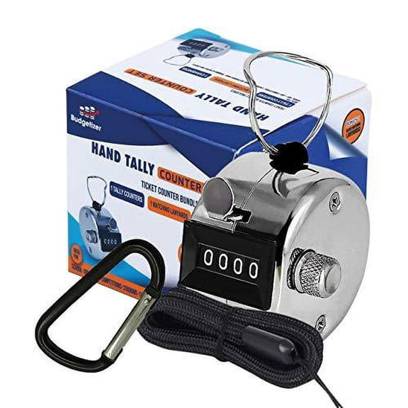 Hand Pitch Tally Counter Clicker- (1 Pack) METAL Handheld People Lap Counter Clickers with 1 Lanyard and 1 Carabiner - Manual Mechanical Silver Steel 4 Digit Number Finger Ring Click