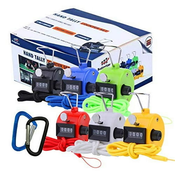 Hand Pitch Tally Counter Clicker -6 Pack Handheld People Lap Counter Clickers with 6 Lanyard and 2 Carabiners-Assorted Color Manual Mechanical 4 Digit Number Finger Ring for Umpire Baseball Click Golf
