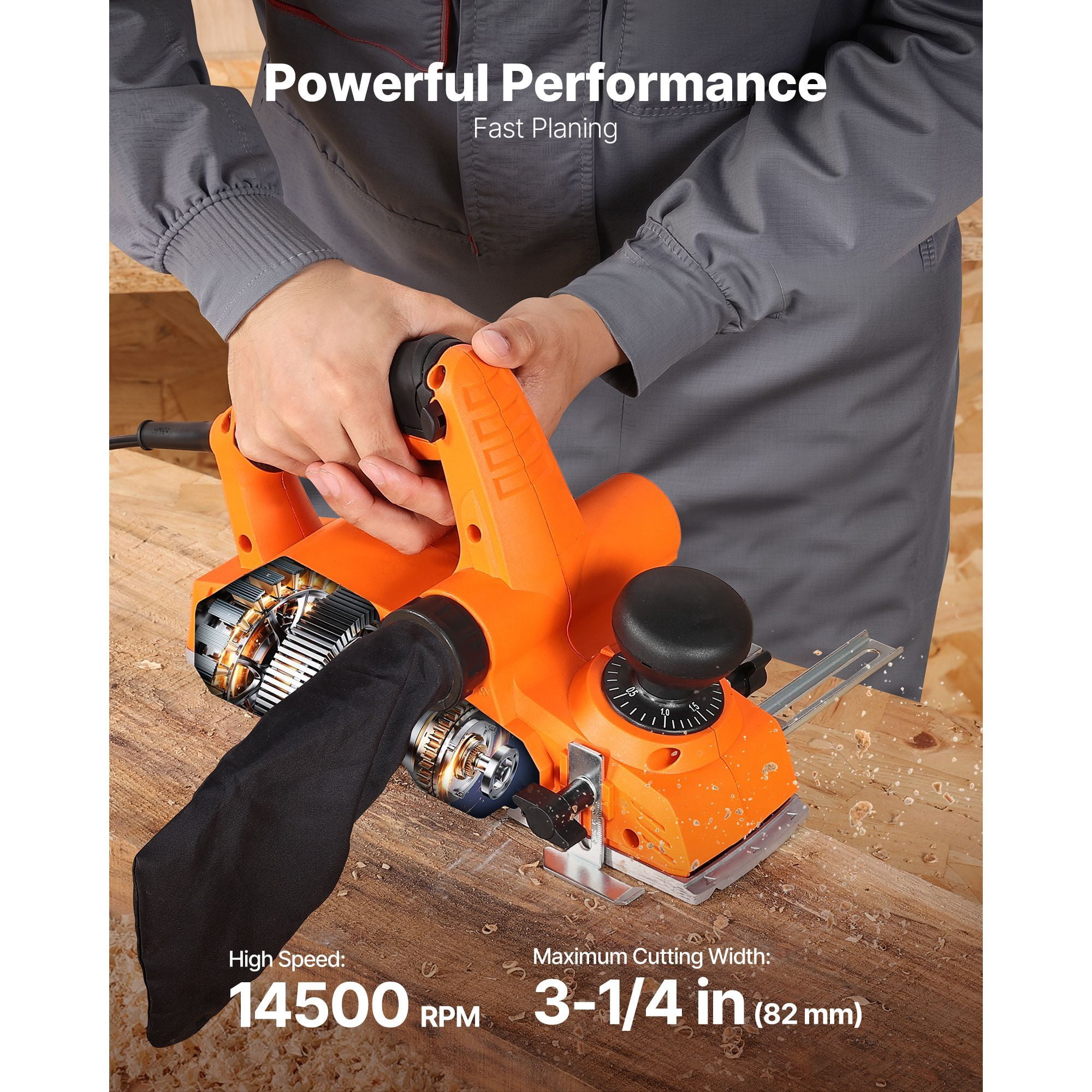 Hand Planer with 3-1/4" Planing Width, 1/8" Depth, Adjustable Knob, Chamfering Groove, for Woodworking DIY Projects
