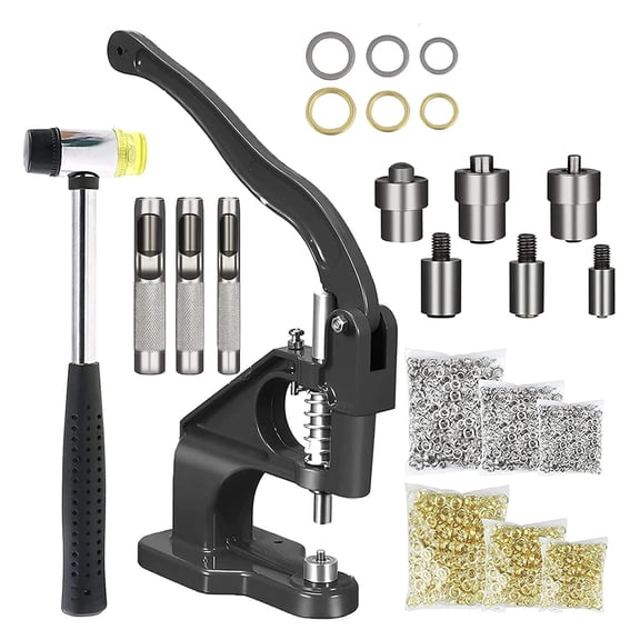 Hand Press Grommet Machine,Eyelet Hole Punch Tool Kit,Grommet Eyelet Tool Kit with 3 Dies (#0#2#4) with 1500 Pcs Grommets Eyelet(6, 10, 12mm) Press Rivet Press Machine for Snap Buttons Rivets Eyelets