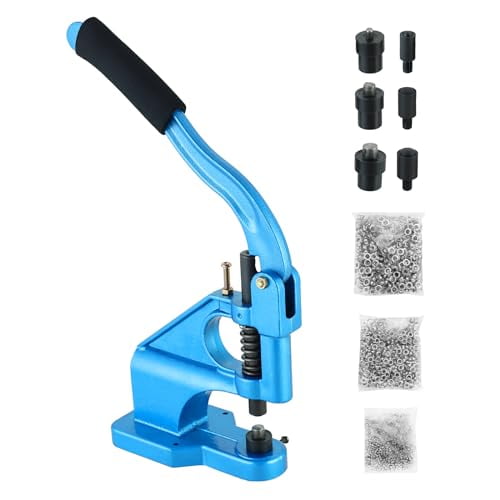 Hand Press Grommet Machine Kit Heavy Duty Industrial Eyelet Grommet Machine Punch Tool Kit Rivet Press Tool with 3 Interchangeable Dies (#0#2#4) and 1500 Silver Grommets (1/4", 3/8", 1/2")$$Hardware