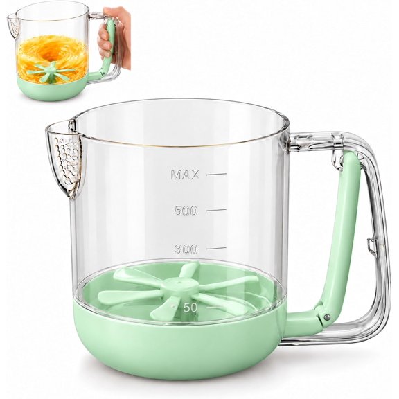 Hand-Pressed Egg Stirring Cup with Scale and Strainer, Multifunctional Push Whisk with Measuring Scale and Pour Spout for Home Baking and Cooking